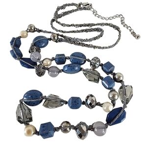 Chico's long necklace blue art beads woven cord